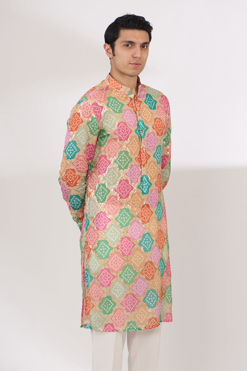 MULTI COLOR BANDHANI WITH GOLD SEQUINS UNLINED KURTA AND COTTON SILK PANTS