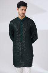 DARK GREEN GEORGETTE UNLINED KURTA FULLY FRONT BLACK EMBROIDERED WITH BACK HALF EMBROIDERED AND PANTS