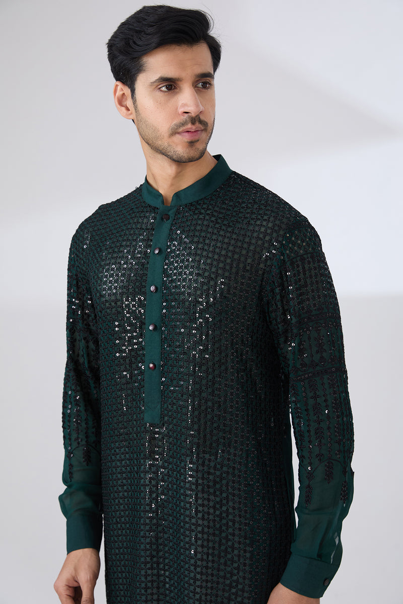 DARK GREEN GEORGETTE UNLINED KURTA FULLY FRONT BLACK EMBROIDERED WITH BACK HALF EMBROIDERED AND PANTS