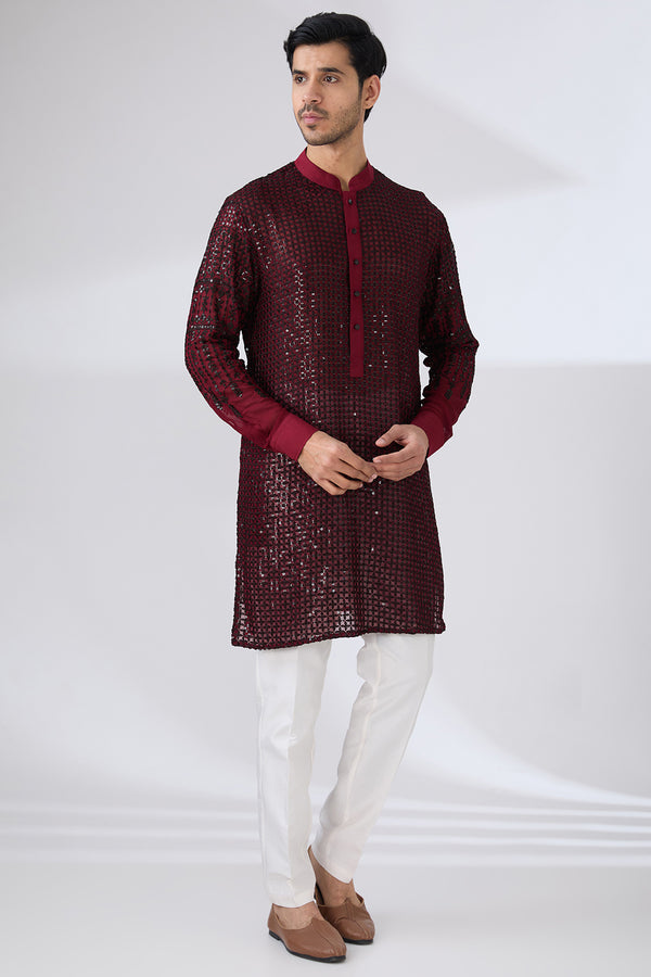 OX BLOOD GEORGETTE UNLINED KURTA FULLY FRONT BLACK EMBROIDERED WITH BACK HALF EMROIDERED AND PANTS