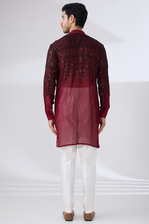 OX BLOOD GEORGETTE UNLINED KURTA FULLY FRONT BLACK EMBROIDERED WITH BACK HALF EMROIDERED AND PANTS