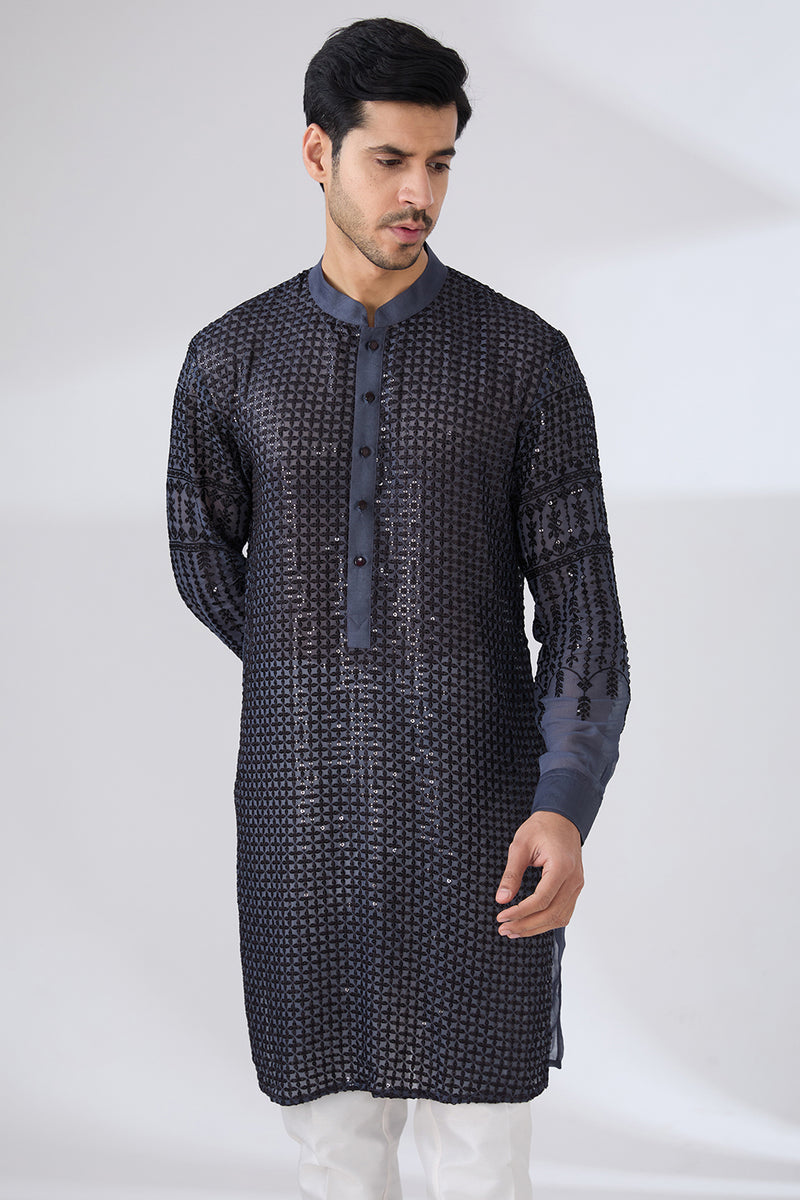 CHARCOAL GREY GEORGETTE UNLINED KURTA FULLY FRONT BLACK EMBROIDERED WITH BACK HALF EMBROIDERED AND PANTS
