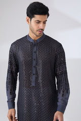 CHARCOAL GREY GEORGETTE UNLINED KURTA FULLY FRONT BLACK EMBROIDERED WITH BACK HALF EMBROIDERED AND PANTS