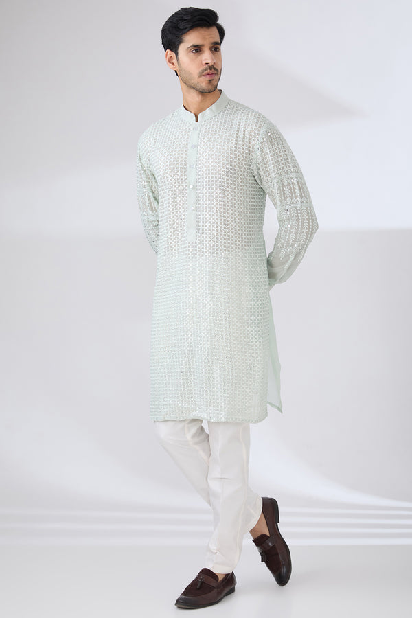 SAGE GREEN GEORGETTE UNLINED KURTA FULLY FRONT TONAL EMBROIDERED WITH BACK HALF EMBROIDERED AND PANTS