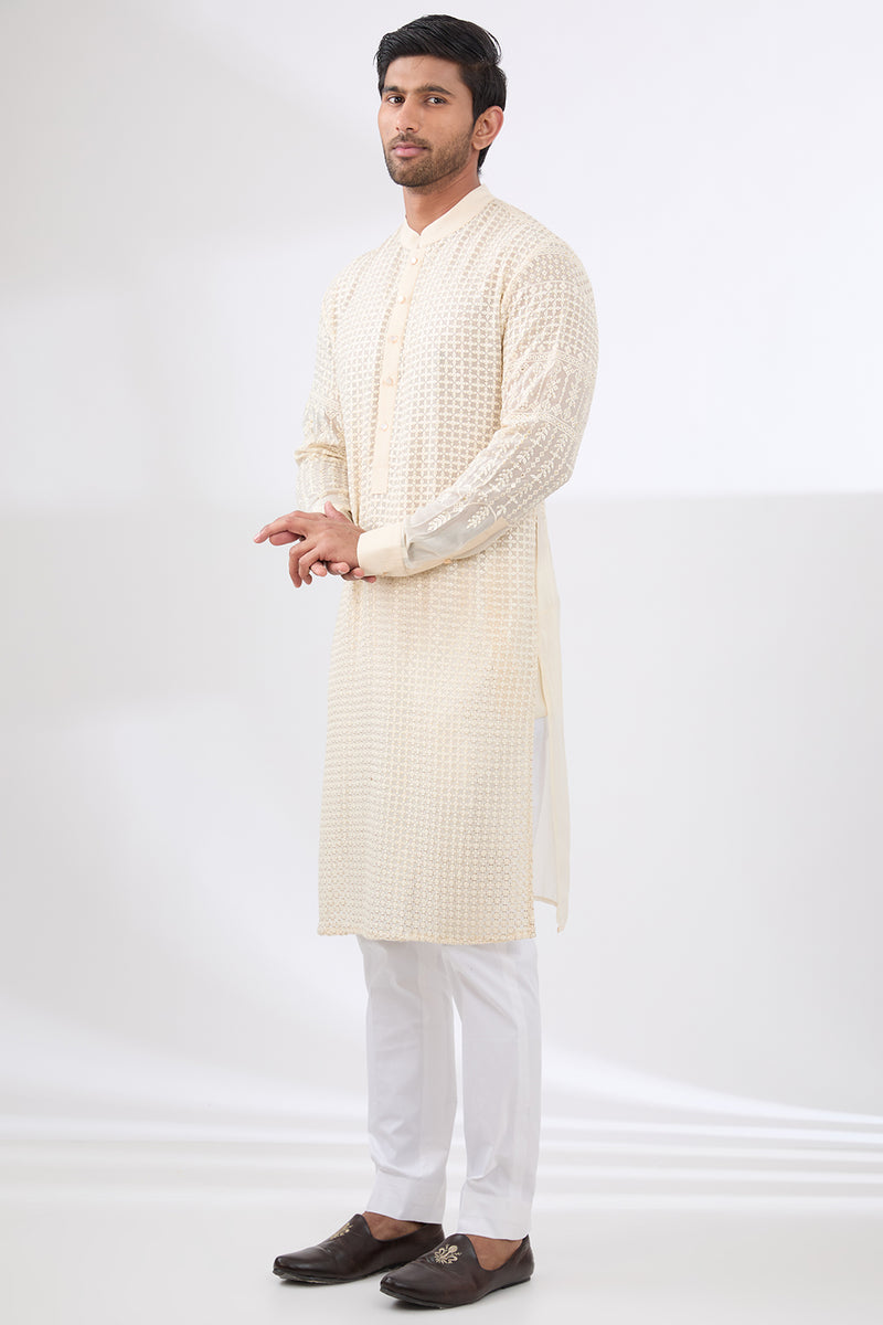 IVORY GEORGETTE UNLINED KURTA FULLY FRONT TONAL EMBROIDERED WITH PANTS