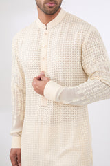 IVORY GEORGETTE UNLINED KURTA FULLY FRONT TONAL EMBROIDERED WITH PANTS