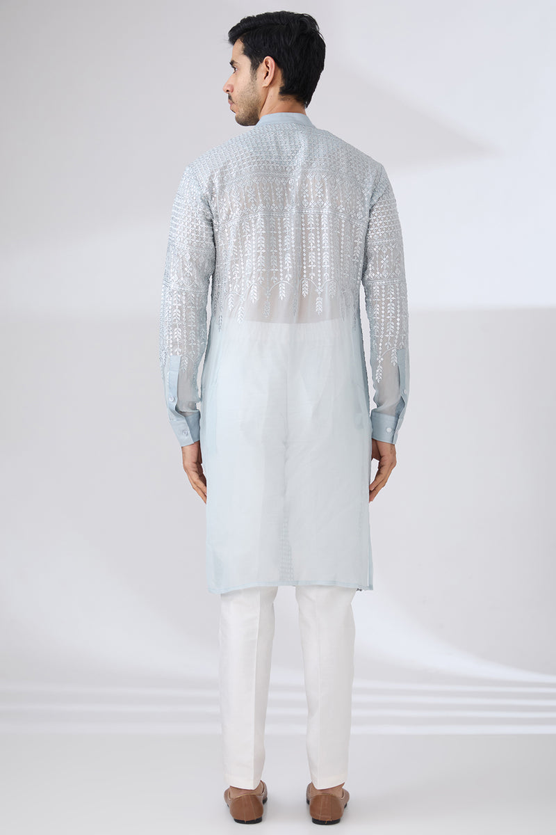 GREY GEORGETTE UNLINED KURTA FULLY FRONT SILVER EMBROIDERED WITH BACK HALF EMBROIDERED AND PANTS
