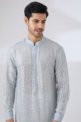 GREY GEORGETTE UNLINED KURTA FULLY FRONT SILVER EMBROIDERED WITH BACK HALF EMBROIDERED AND PANTS