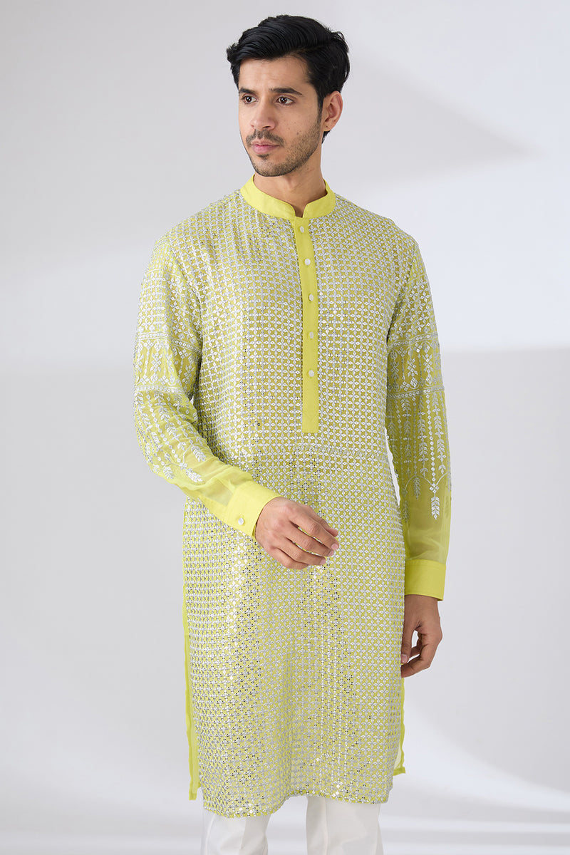 NEON YELLOW GEORGETTE UNLINED KURTA FULLY FRONT SILVER EMBROIDERED WITH BACK HALF EMBROIDERED AND PANTS