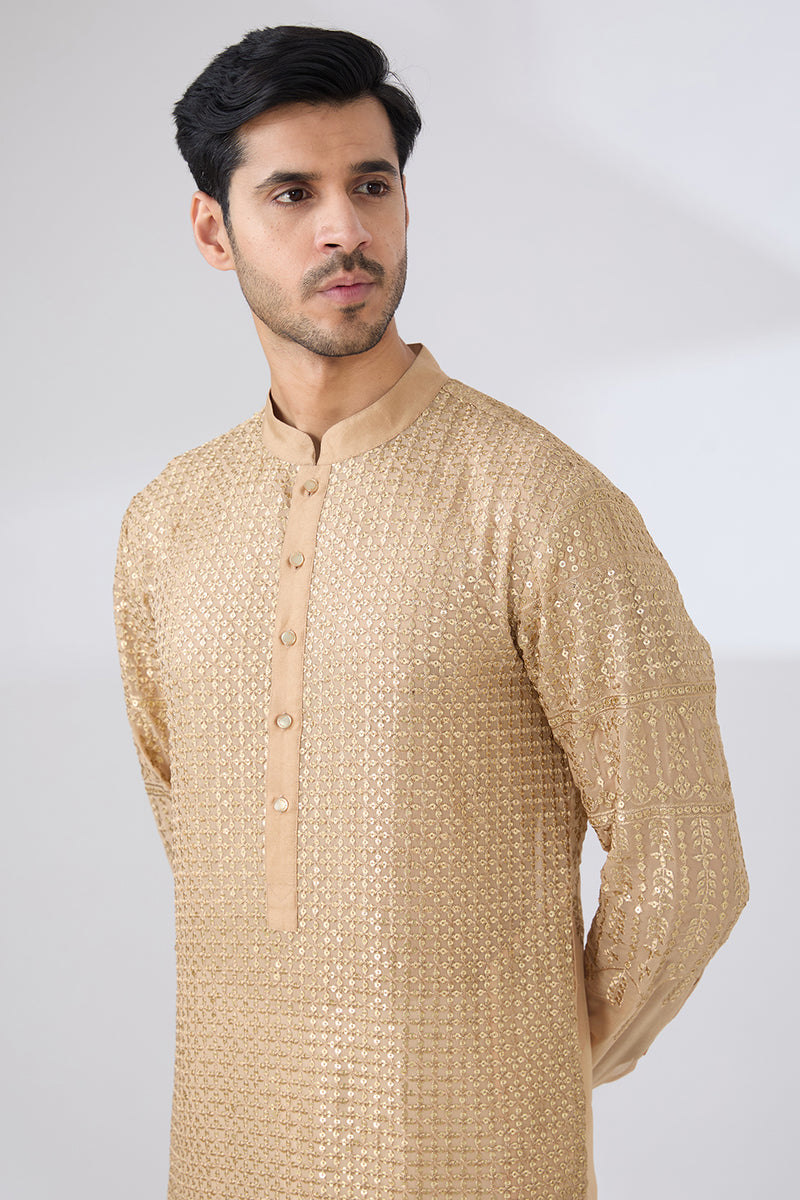 GOLD GEORGETTE UNLINED KURTA FULLY FRONT GOLD EMBROIDERED WITH BACK HALF EMBROIDERED AND PANTS
