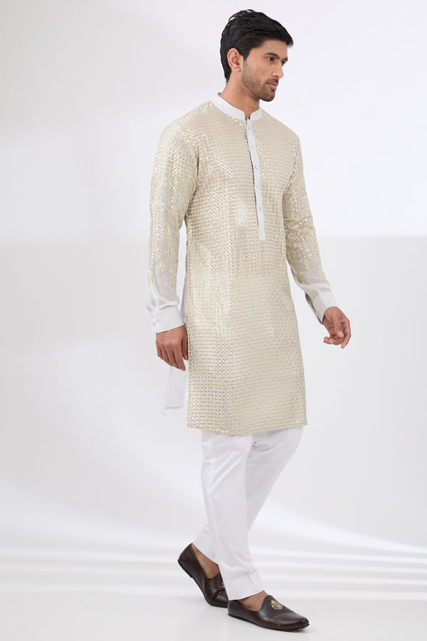 PALE BLUE GEORGETTE UNLINED KURTA FULLY FRONT GOLDEN EMBROIDERED WITH PANTS