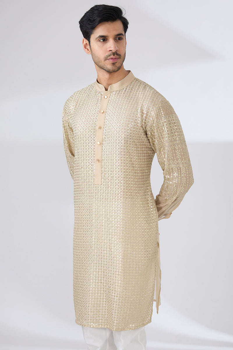 BEIGE GEORGETTE UNLINED KURTA FULLY FRONT GOLD EMBROIDERED WITH PANTS