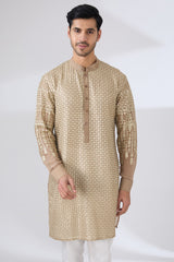 GOLD GEORGETTE UNLINED KURTA FULLY FRONT GOLD EMBROIDERED AND PANTS