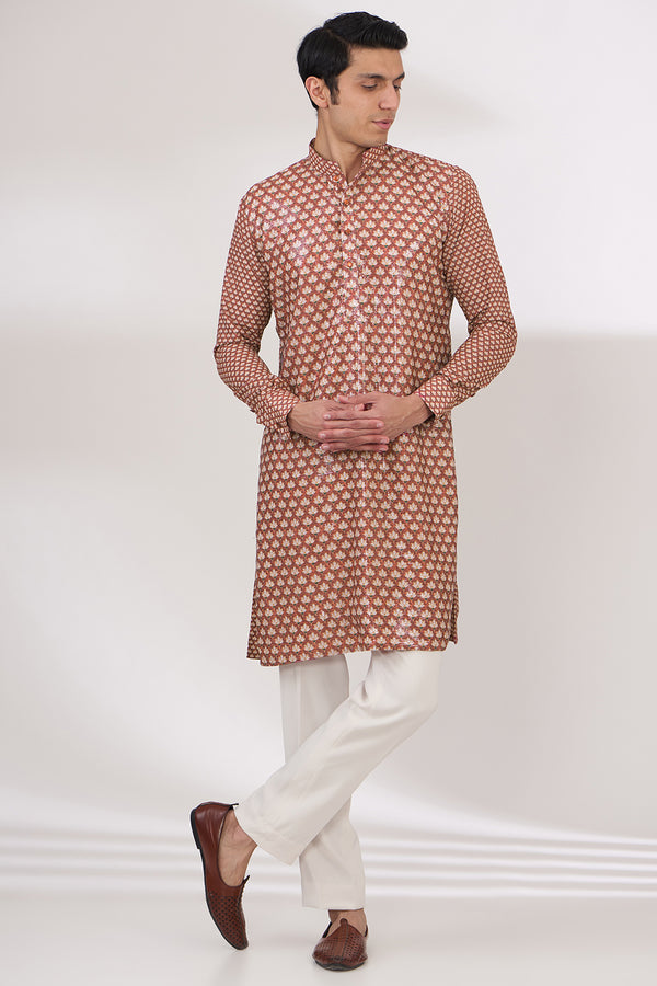 RED SHEETING AND GEORGETTE WITH CREPE LINING KURTA AND COTTON SILK PANTS