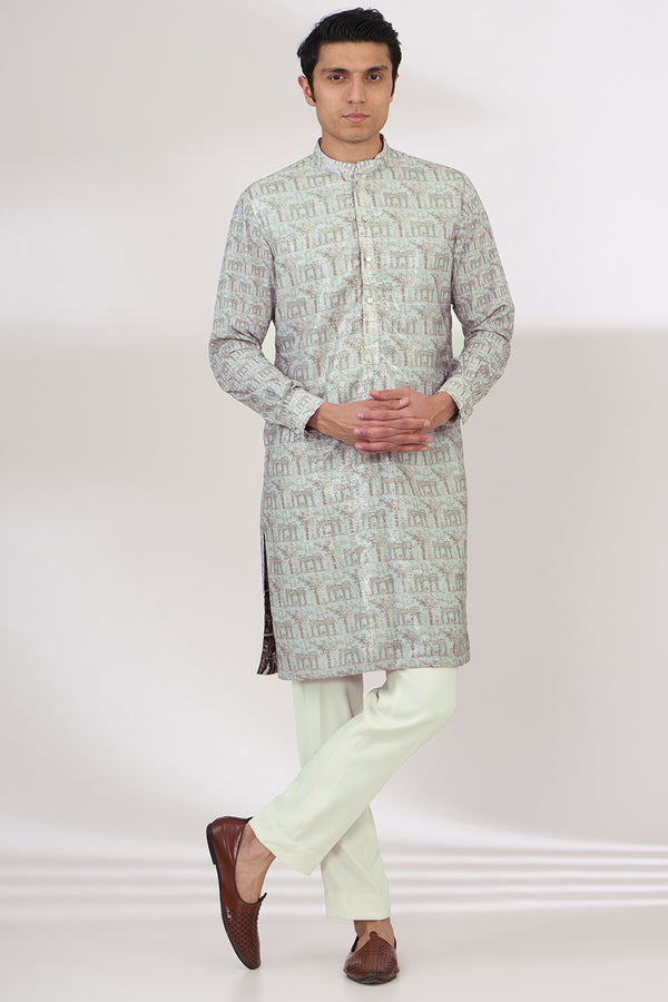 GREY SHEETING AND GEORGETTE WITH CREPE LINING KURTA AND COTTON SILK PANTS