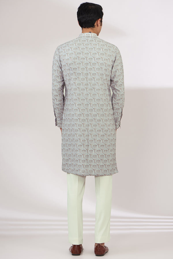 GREY SHEETING AND GEORGETTE WITH CREPE LINING KURTA AND COTTON SILK PANTS