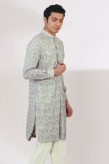 GREY SHEETING AND GEORGETTE WITH CREPE LINING KURTA AND COTTON SILK PANTS