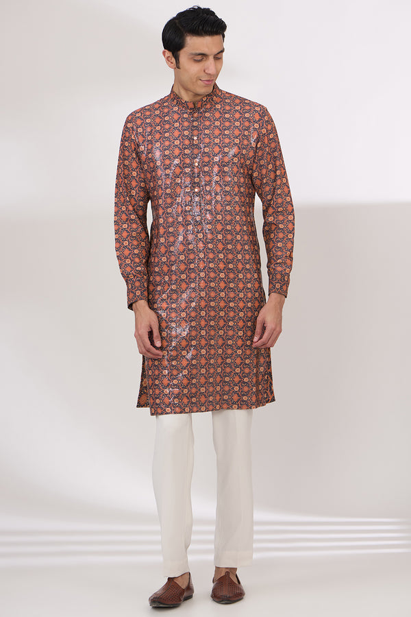 BLACK WITH ORANGE PRINT SHEETING/GORGETTE WITH CREPE LINING KURTA WITH COTTON SILK PANTS