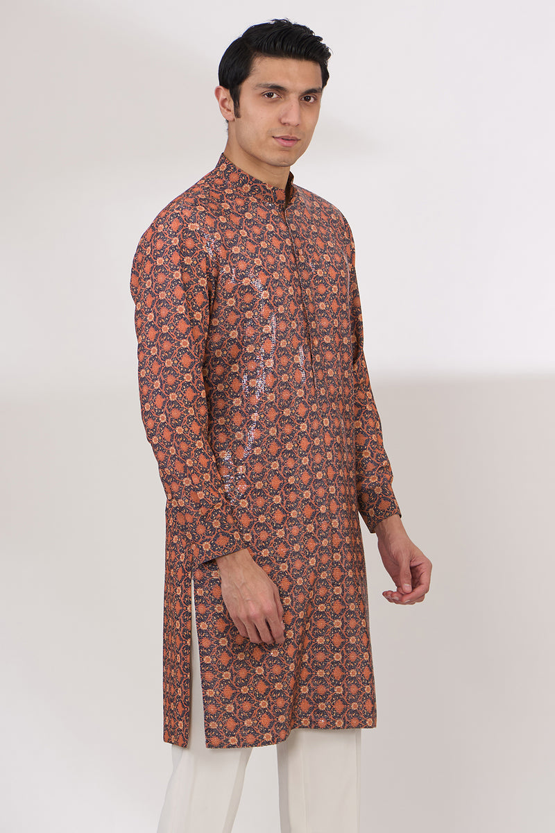 BLACK WITH ORANGE PRINT SHEETING/GORGETTE WITH CREPE LINING KURTA WITH COTTON SILK PANTS
