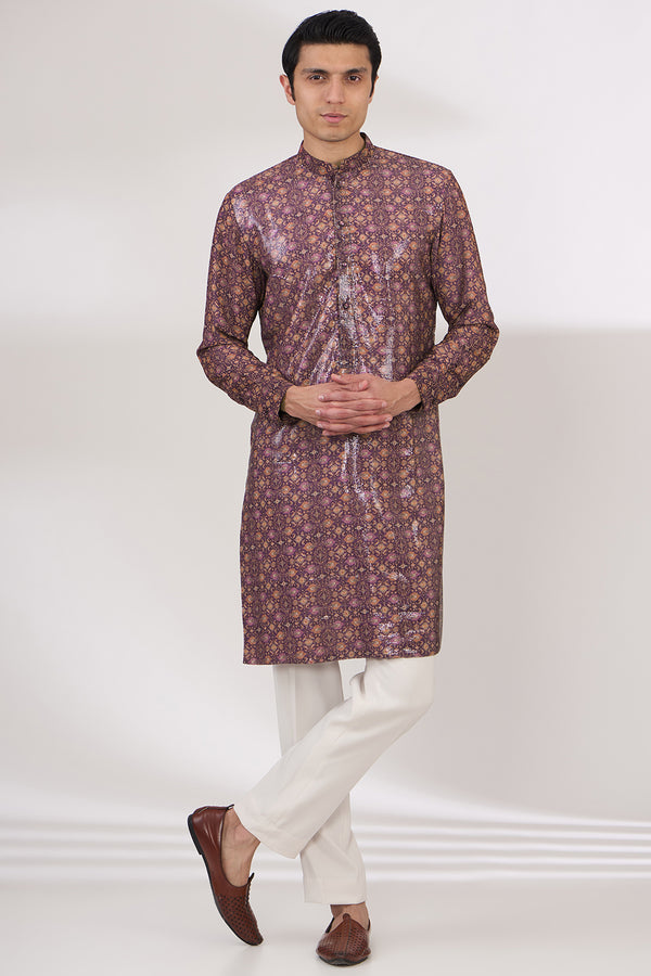 AUBERGINE SHEETING AND GEORGETTE WITH CREPE LINING KURTA AND COTTON SILK PANTS