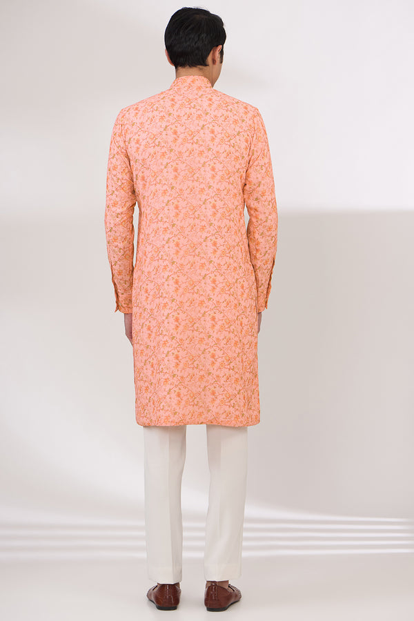 PEACH SHEETING AND GEORGETTE WITH CREPE LINING KURTA AND COTTON SILK PANTS