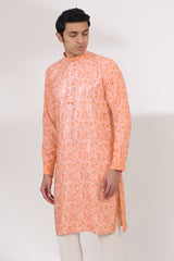 PEACH SHEETING AND GEORGETTE WITH CREPE LINING KURTA AND COTTON SILK PANTS