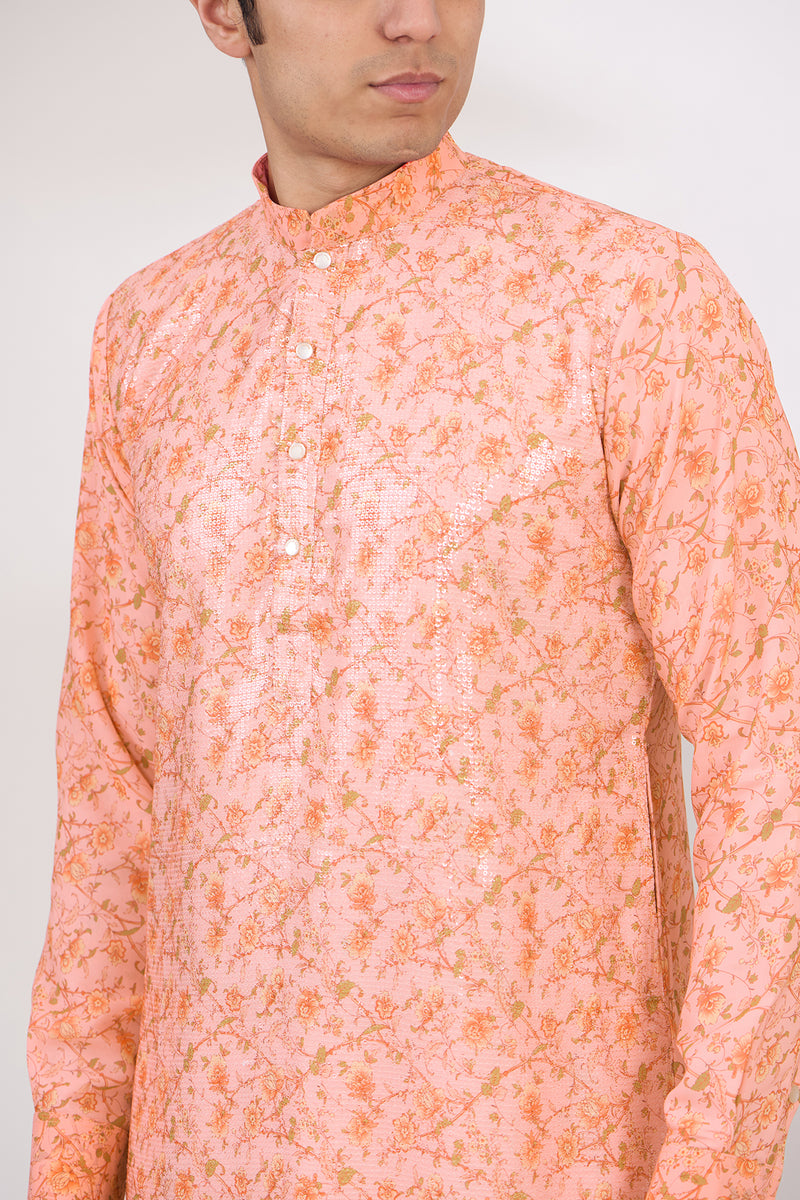 PEACH SHEETING AND GEORGETTE WITH CREPE LINING KURTA AND COTTON SILK PANTS