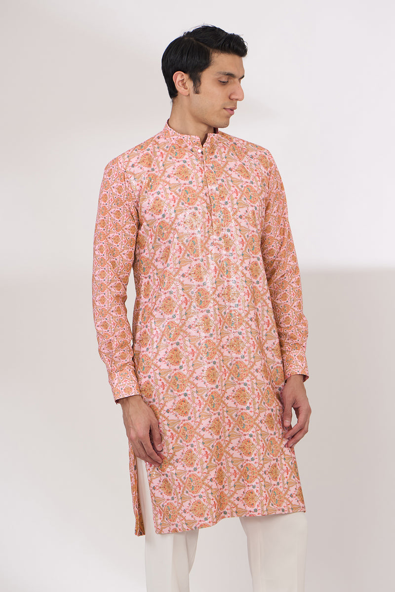 PINK SHEETING AND GEORGETTE WITH CREPE LINING KURTA AND COTTON SILK PANTS