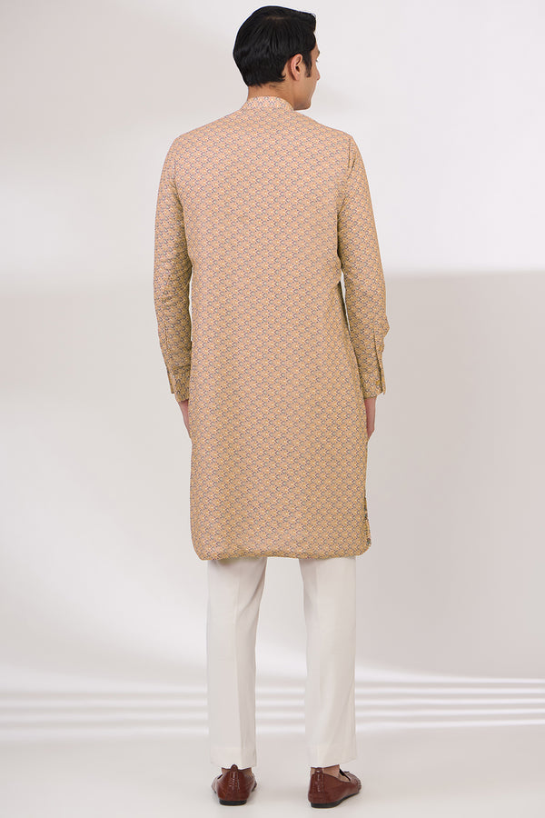 YELLOW/BROWN SHEETING AND GEORGETTE WITH CREPE LINING KURTA AND COTTON SILK PANTS