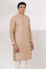 YELLOW/BROWN SHEETING AND GEORGETTE WITH CREPE LINING KURTA AND COTTON SILK PANTS