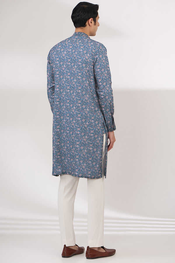 TEAL BLUE SHEETING AND GEORGETTE WITH CREPE LINING KURTA AND COTTON SILK PANTS