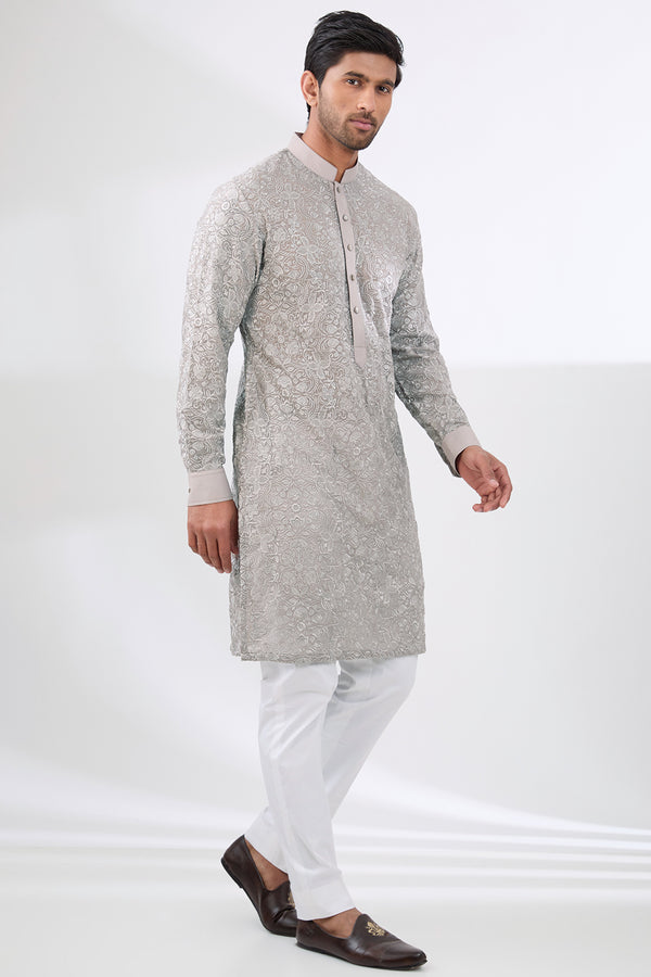 GREY BLUE FULLY THREAD WORK GEORGETTE UNLINED KURTA WITH COTTON SILK PANT