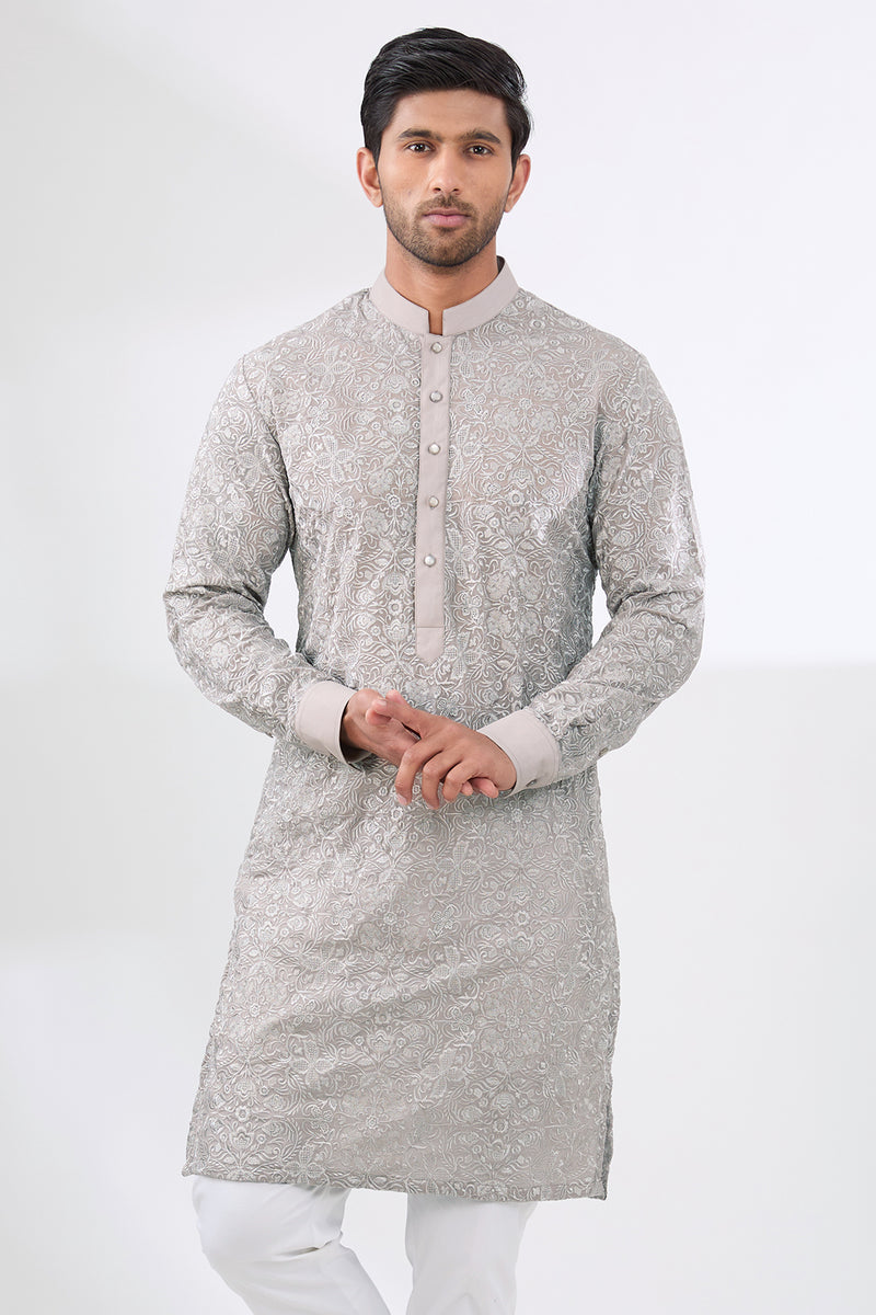 GREY BLUE FULLY THREAD WORK GEORGETTE UNLINED KURTA WITH COTTON SILK PANT