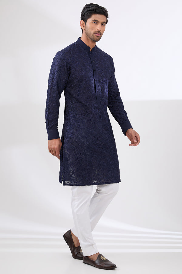 MIDNIGHT BLUE FULLY THREAD WORK GEORGETTE UNLINED KURTA WITH COTTON SILK PANTS