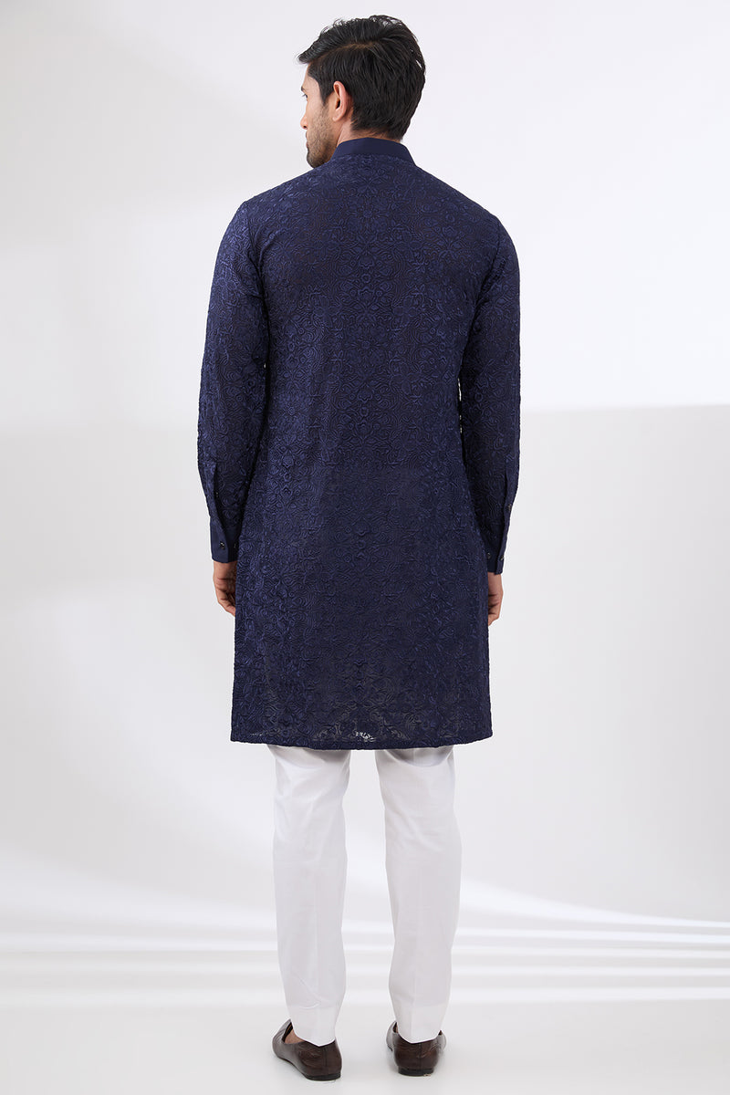 MIDNIGHT BLUE FULLY THREAD WORK GEORGETTE UNLINED KURTA WITH COTTON SILK PANTS