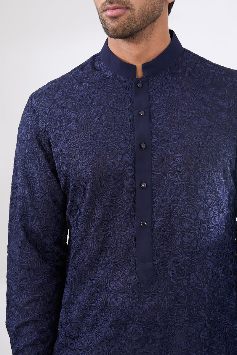 MIDNIGHT BLUE FULLY THREAD WORK GEORGETTE UNLINED KURTA WITH COTTON SILK PANTS