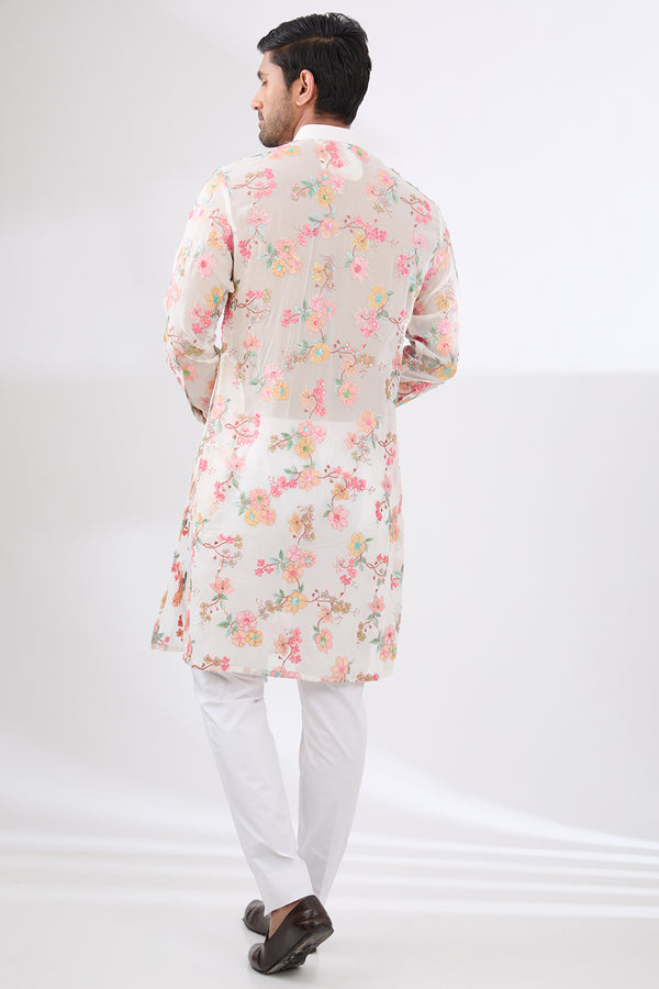 OFFWHITE  FULLY THREAD AND SEQUINS WORK UNLINED KURTA WITH COTTON SILK PANTS