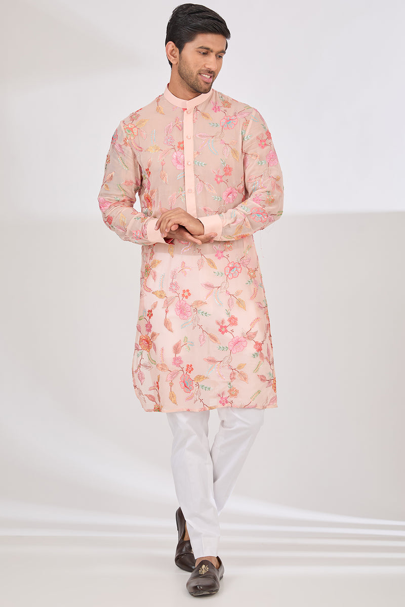 BLUSH PINK FULLY THREAD AND SEQUINS WORK UNLINED KURTA WITH COTTON SILK PANTS