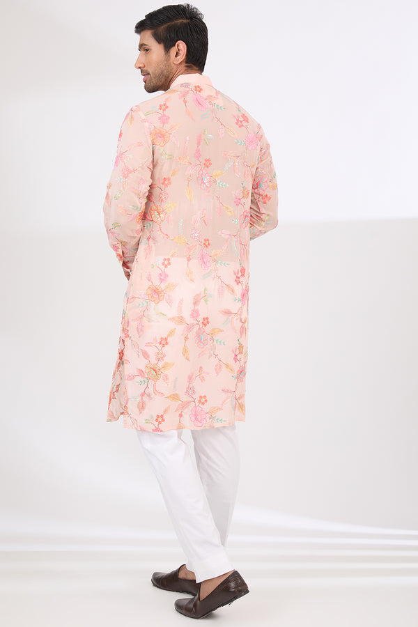 BLUSH PINK FULLY THREAD AND SEQUINS WORK UNLINED KURTA WITH COTTON SILK PANTS