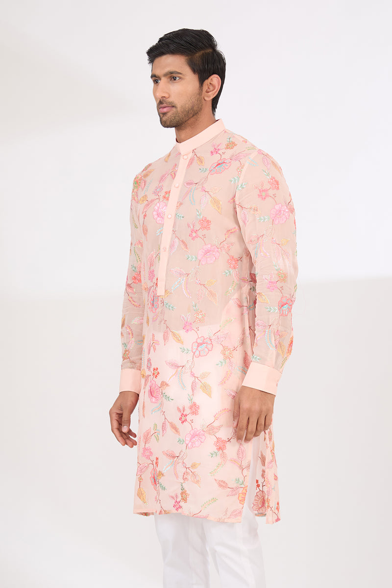 BLUSH PINK FULLY THREAD AND SEQUINS WORK UNLINED KURTA WITH COTTON SILK PANTS