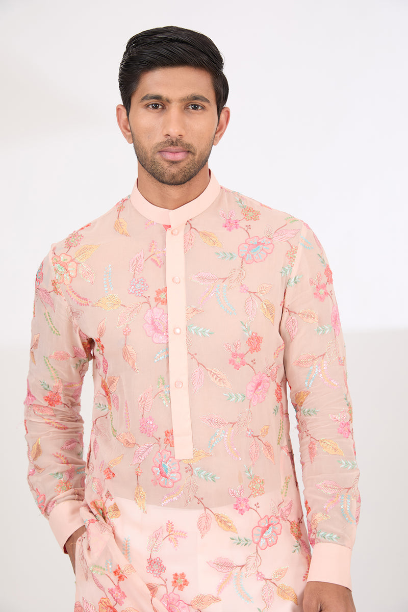 BLUSH PINK FULLY THREAD AND SEQUINS WORK UNLINED KURTA WITH COTTON SILK PANTS