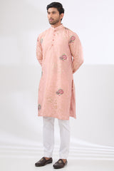 PINK TISSUE FABRIC WITH GOLD ZARI WORK AND ROSES LINED KURTA AND COTTON SILK PANTS