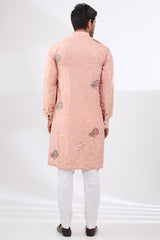 PINK TISSUE FABRIC WITH GOLD ZARI WORK AND ROSES LINED KURTA AND COTTON SILK PANTS