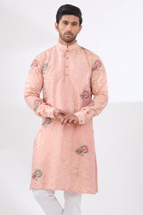 PINK TISSUE FABRIC WITH GOLD ZARI WORK AND ROSES LINED KURTA AND COTTON SILK PANTS