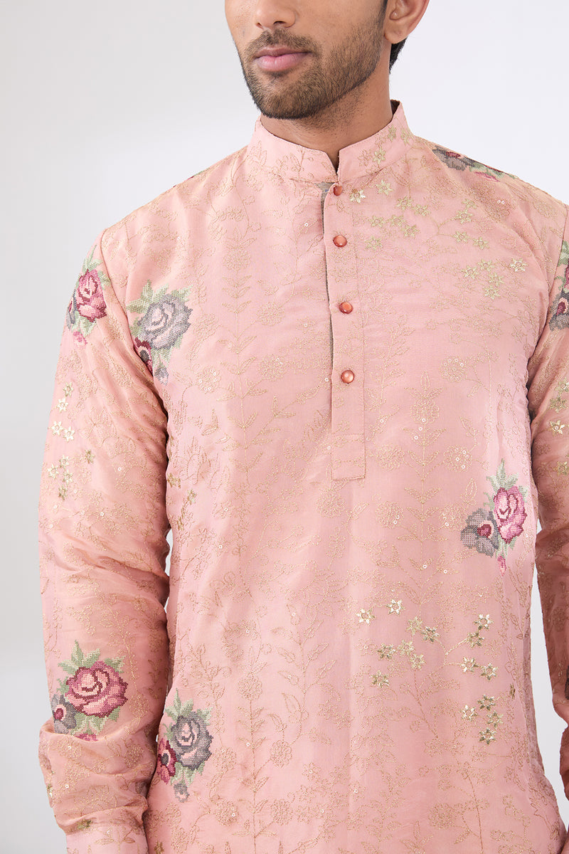 PINK TISSUE FABRIC WITH GOLD ZARI WORK AND ROSES LINED KURTA AND COTTON SILK PANTS