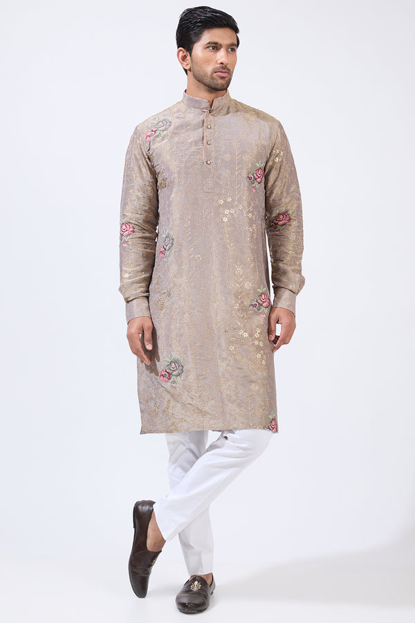 GREY TISSUE GOLD ZARI WORK WITH ROSES LINED KURTA AND COTTON SILK PANTS