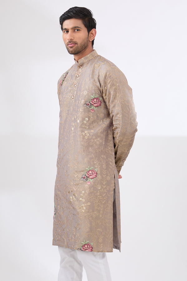 GREY TISSUE GOLD ZARI WORK WITH ROSES LINED KURTA AND COTTON SILK PANTS