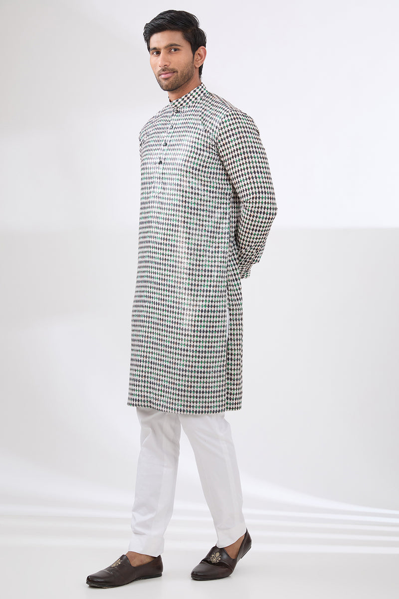 IVORY AND BLACK DIAMOND PRINT KURTA WITH COTTON SILK PANTS