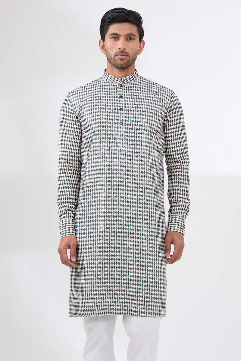 IVORY AND BLACK DIAMOND PRINT KURTA WITH COTTON SILK PANTS