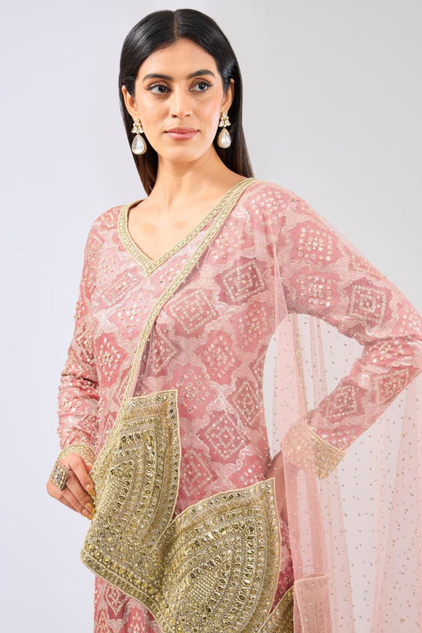 AYAT PINK MULTI COLOR BANDHANI KURTA WITH PALLAZO AND DUPATTA